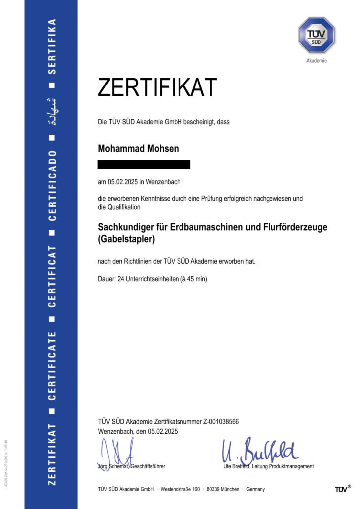 TÜV-SÜD-Zertifikat von Mohammad Mohsen für die Prüfung von Flurförderzeugen
