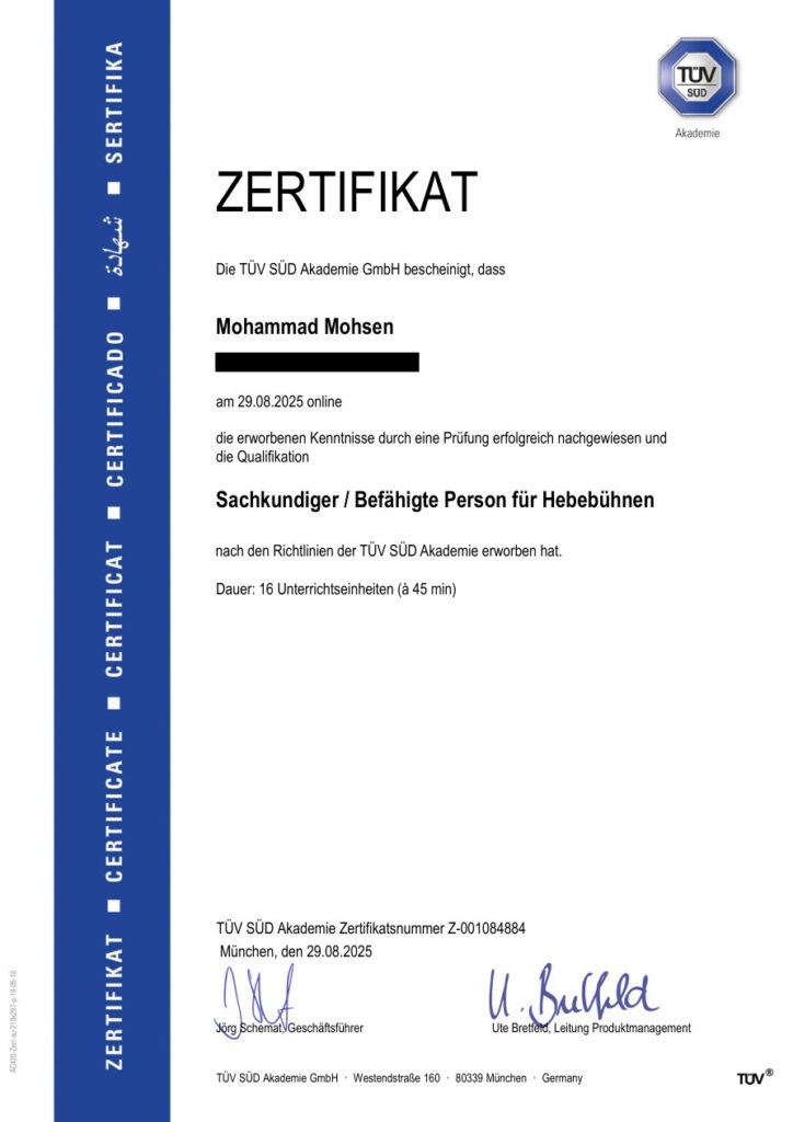 Hebebühnen: „TÜV-SÜD-Zertifikat von Mohammad Mohsen als Sachkundiger beziehungsweise befähigte Person für Hebebühnen