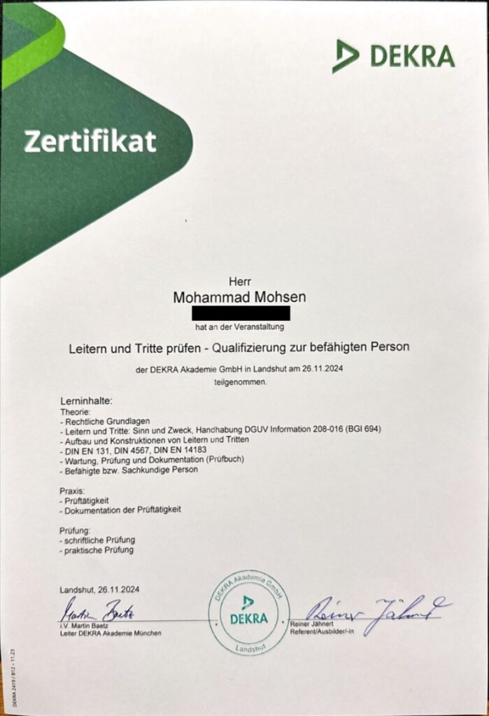 DEKRA-Schulungsnachweis von Mohammad Mohsen für die Prüfung von Leitern und Tritten