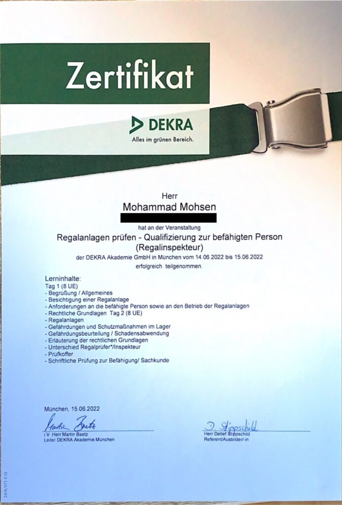 Regalprüfung: „DEKRA-Qualifikationsnachweis von Mohammad Mohsen als Regalinspekteur