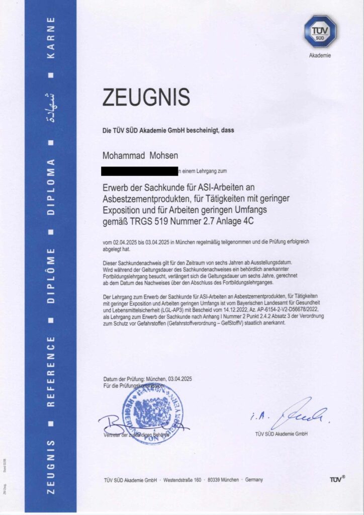 Sachkundenachweis von Mohammad Mohsen nach TRGS 519 Anlage 4C